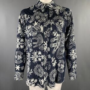 ENGINEERED GARMENTS Indigo White Embroidery Cotton Snap Up Shirt